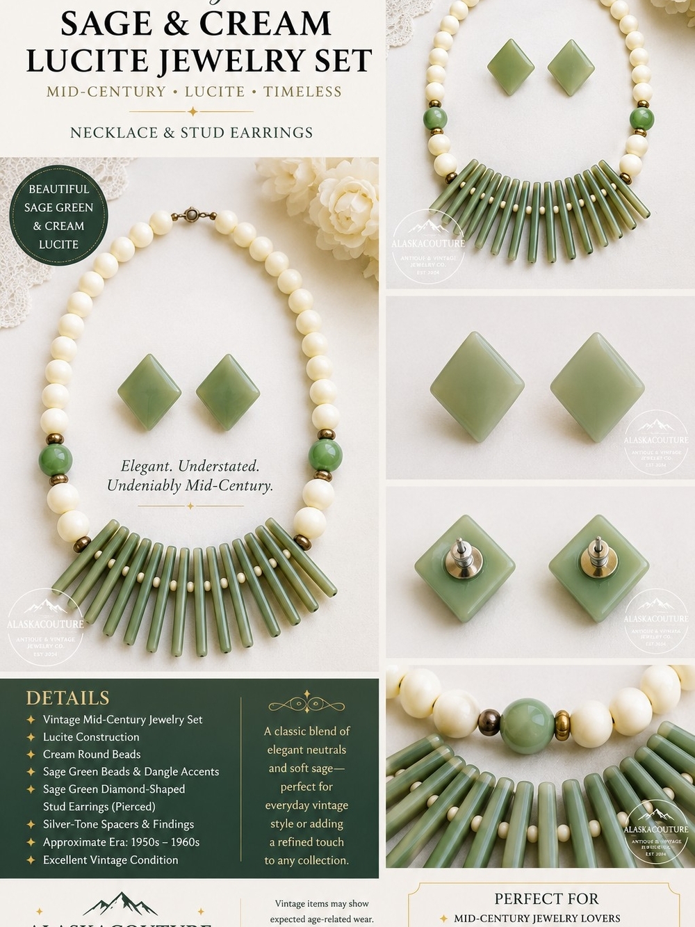 Mid-Century 🌿Sage & Cream🌿 Lucite ATOMIC MOD Demi Parure Set🌿